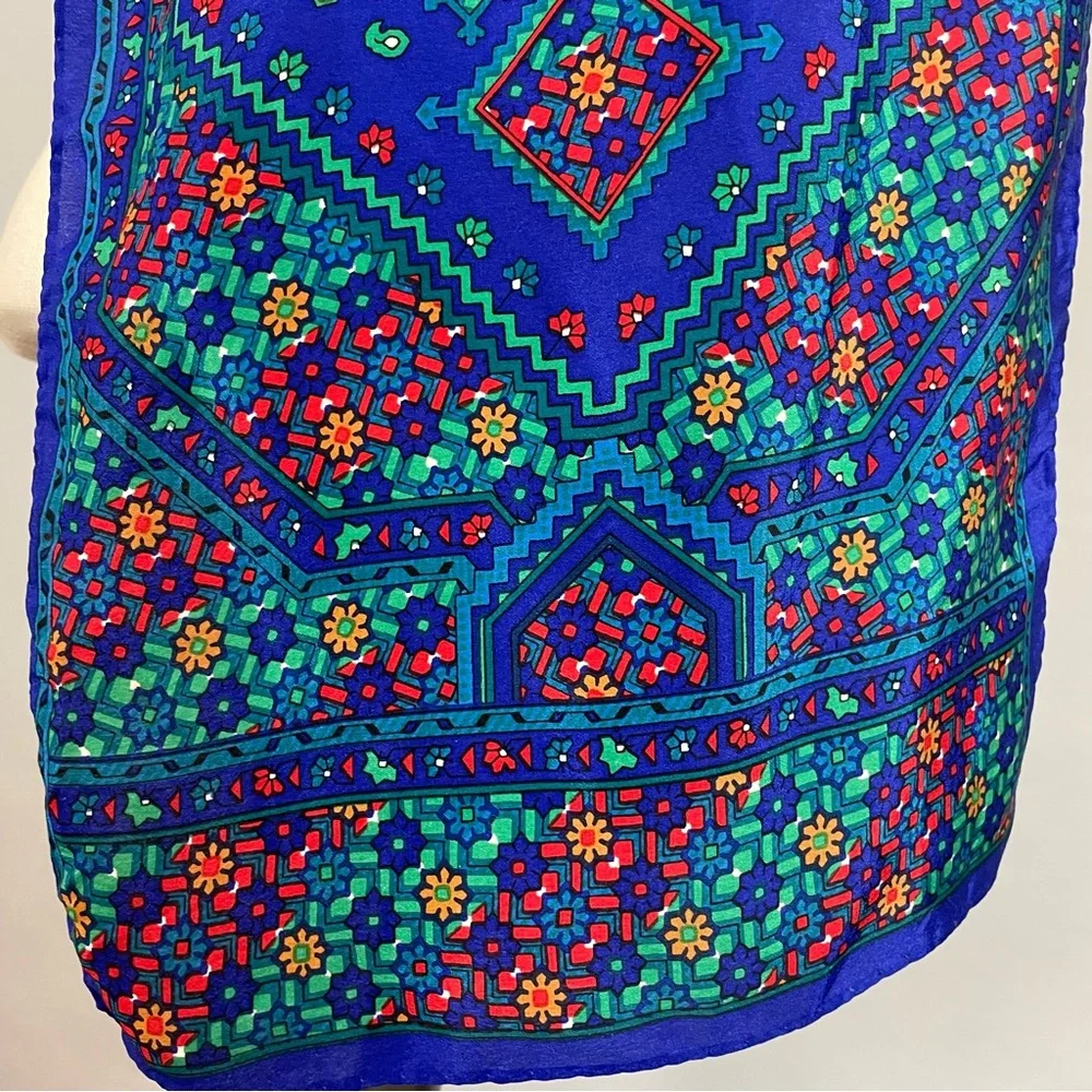 Vintage Blue Scarf Floral Geometric‎ Pattern Long Rectangular Unique Retro Fun